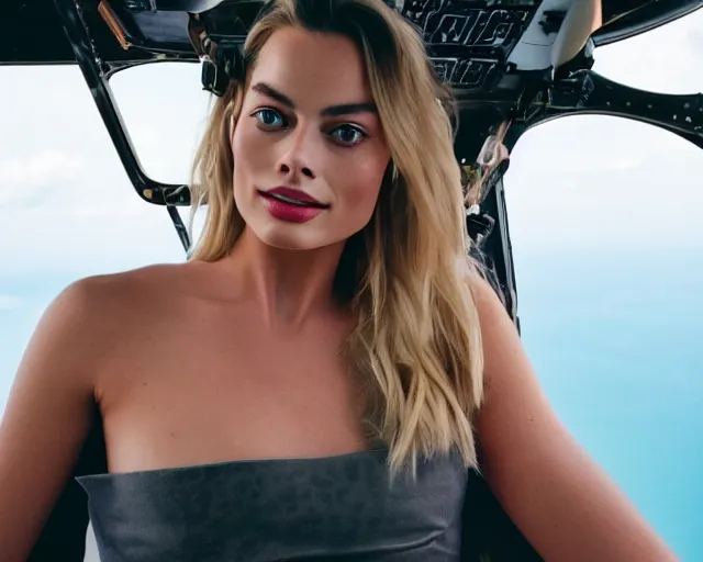 Image similar to a photo of margot robbie sitting on a helicopter, hyper realistic face, beautiful eyes, cinematic, long shot, hyper detailed, 8 5 mm photograph, 8 k resolution, film still, sharp lens, wide lens