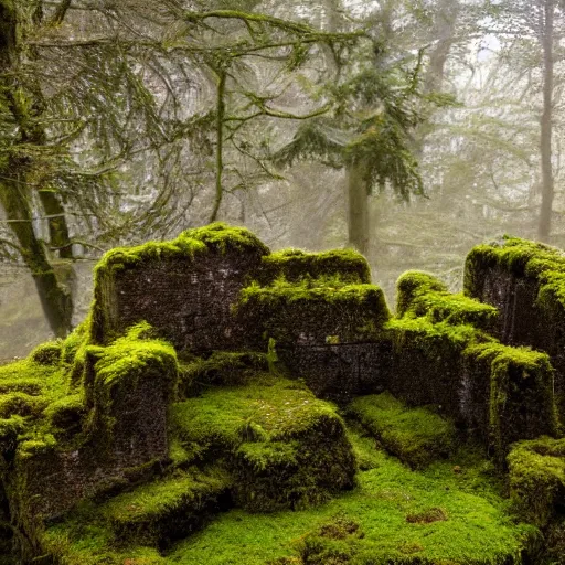 Prompt: old ruins with moss on top, direct sunlight