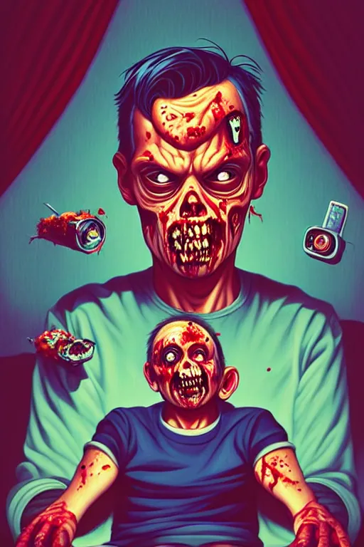 Image similar to a zombie dad sitting on the couch and watching tv, tristan eaton, victo ngai, artgerm, rhads, ross draws