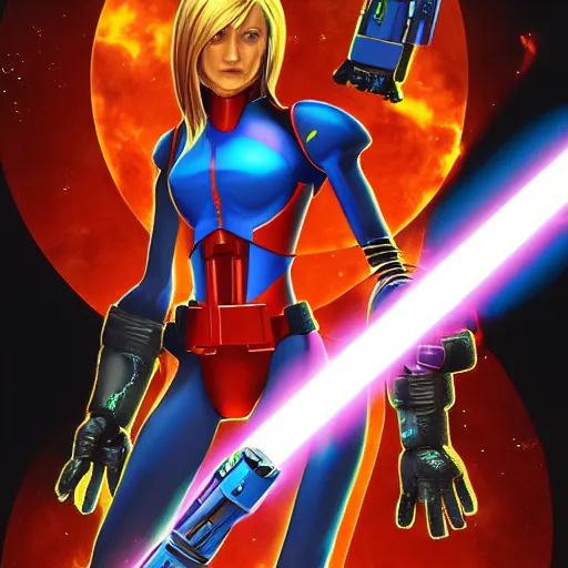 Image similar to natalie portman in the suit of Samus Aran from Metroid. She is fighting darth vader next to the Sun. Very emotional. Ultra high quality, very detailed. 8k. Trending on art station