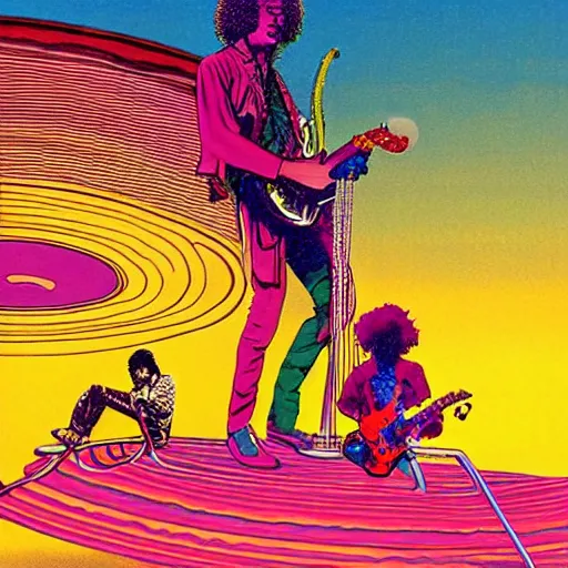 Image similar to artwork by Moebius showing Jimi Hendrix sitting on the rings of Saturn playing his electric guitar