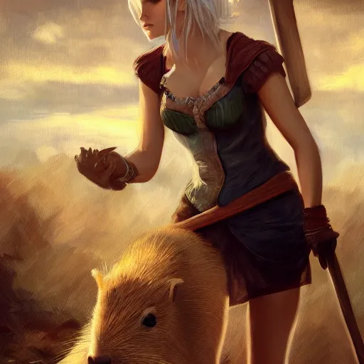 Prompt: ciri holding a capybara, expressive oil painting, digital art, beautiful lighting, highly detailed, trending on artstation, by Vincent va Gogh