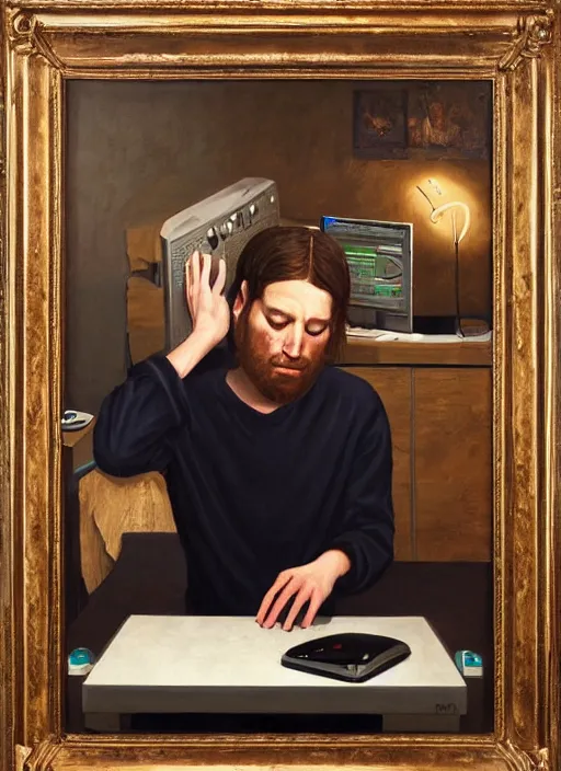 Image similar to portrait of a sleepy - looking programmer guy begging for forgiveness in front of his monitor, oil on canvas, masterwork, fine detail, trending on artstation, emotive, insanely compelling, ryden, koons
