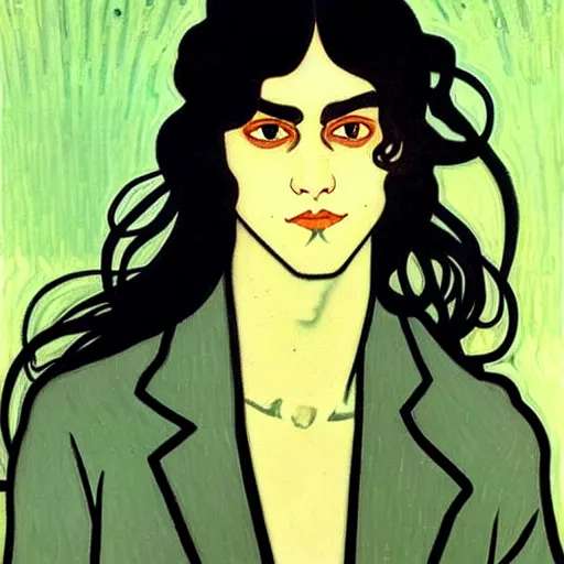 Prompt: painting of handsome beautiful dark long hair man in his 2 0 s named shadow taehyung at the cucumber soup party, elegant, clear, painting, stylized, delicate, soft facial features, art, art by alphonse mucha, vincent van gogh, egon schiele