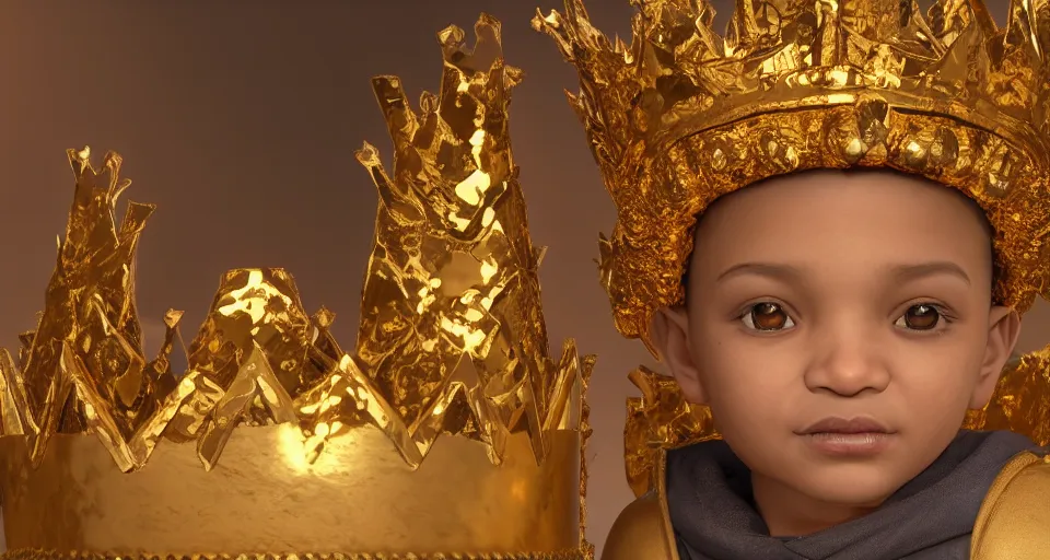 Prompt: One light skinned, 4 years-old boy, with curly short hair as a king, wearing a golden crown, stunning photo, cinematic lighting, perfect composition, 8K, ultra-detailed , Trending on artstation, Octane render, Unreal Engine, highly detailed,