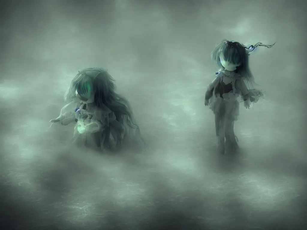 Image similar to cute fumo plush girl ghost in the haze of the murky river, reflective water surface, smoke and volumetric fog, tattered gothic horror maiden, fallen angel, green lens flare, light shafts, light and shadow, vray