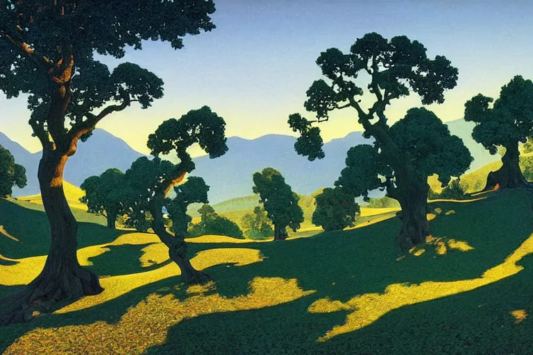 Prompt: masterpiece painting of oak trees along the ridge at dawn, by a. j. casson and john watkiss and edward okun and dan munford and maxfield parrish and kelly freas and j. c. leyendecker and casey weldon