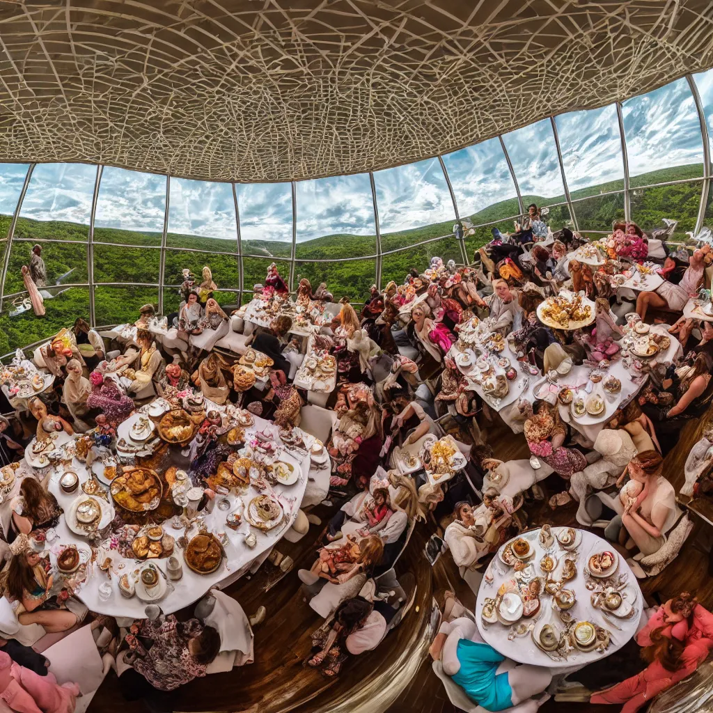 Prompt: elephant tea party, high tea, on a bridge, fulldome, 1 8 0 degree fisheye, 4 k,