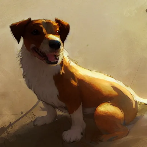 Image similar to jack russel terrier surprised, trending on art station, by krenz cushart and mucha and akihito yoshida and greg rutkowski and makoto shinkai