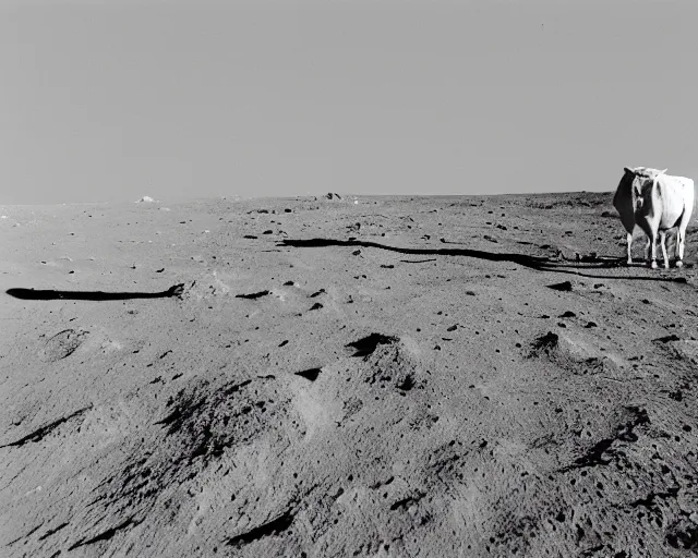 Image similar to a vintage photo of a cow on the moon, earth in distance