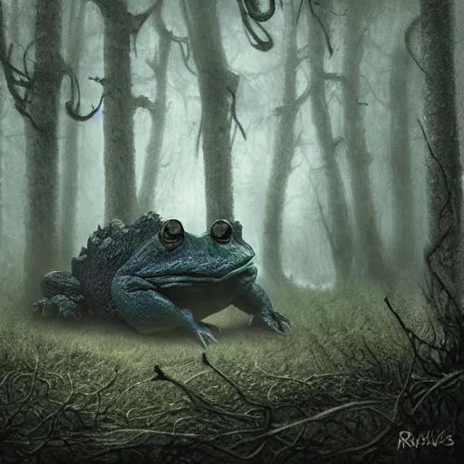 Prompt: giant evil toads in the forest, toads, foggy, atmospheric, highly detailed, hyperrealistic, gothic horror, by randy vargas