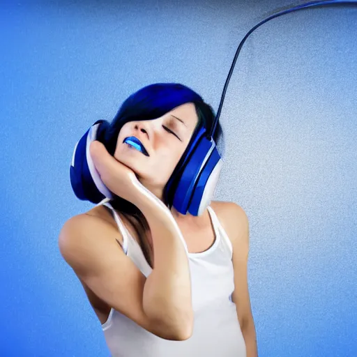 Image similar to dripping electrical blue paint across the shape of a female human body dancing and listening to music with headphones, realistic , high detail, on a clear white background