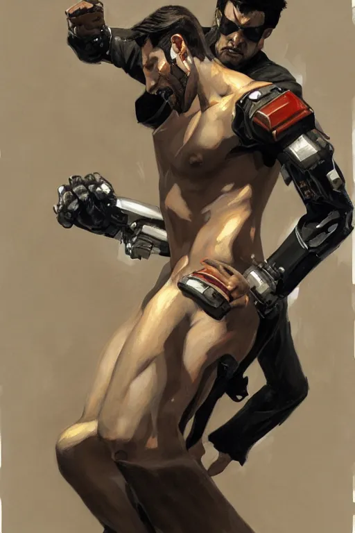 Image similar to a study of Adam Jensen punching a cyborg, gouache painting by J. C. Leyendecker and steve huston