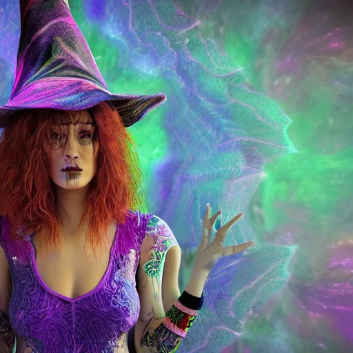 Prompt: psychadelic witch with a witch hat, hyper detailed, flowing psychadelic background intricate and detailed, 8 k, octane render