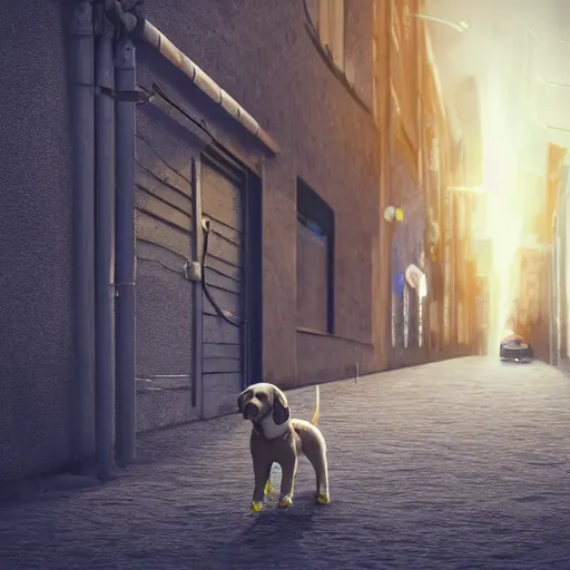 Image similar to isometric digital art, ultra realistic, puppy with a jetpack in a city alleyway, cinematic