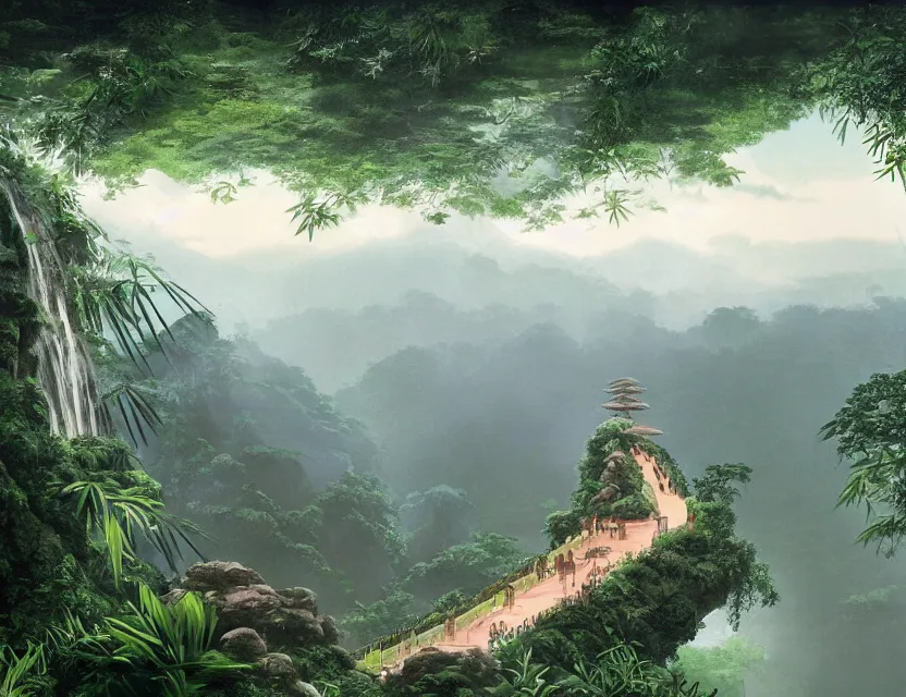 Prompt: a cinematic widescreen photo of ancient japanese cloud temples on a mountain in a misty bamboo cloud forest with colossal waterfalls at dawn by studio ghibli by roger dean by syd mead, terraced, mystical, gardens by the bay
