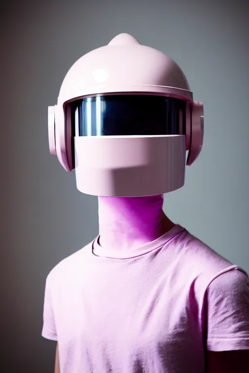 Prompt: a high definition film photograph of a normal androgynous robot human wearing a plain white t - shirt, in a pastel pink room. happy. metal visor covering eyes. reflective perspex coloured helmet. crushed shadows.
