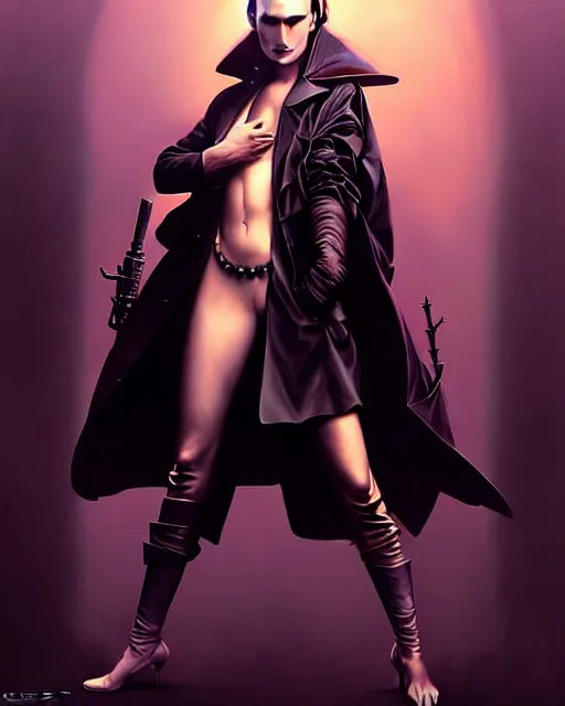 Image similar to beautiful fantasy character portrait, natalie portman, wearing oversized black trench coat, ultra realistic, wide angle, dramatic lighting, vultures, very seductive pose, cyberpunk artifacts, highly detailed by peter mohrbacher, hajime sorayama, wayne barlowe, boris vallejo, aaron horkey, gaston bussiere, craig mullins