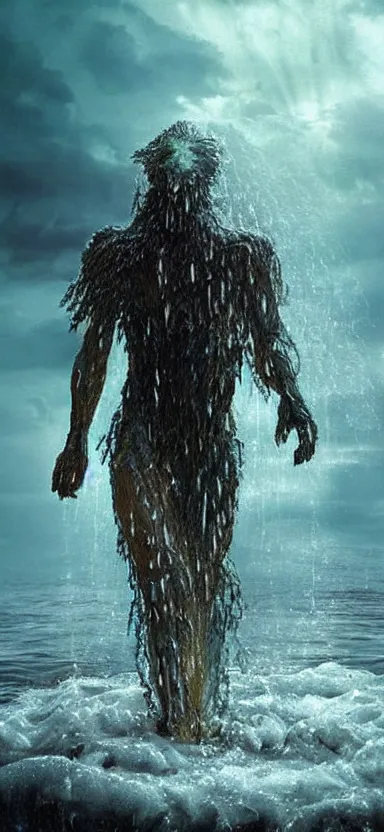 Image similar to creature made of water, made of liquid, rising up from ocean, water armor, high detail, high contrast, medium close up portrait, studio lighting, stormy seas, beautiful, bokeh, snowy, storm clouds, god rays, d & d, fantasy, elegant, aquamarine color palette, concept art, roger deakins and greg rutkowski and alphonse mucha