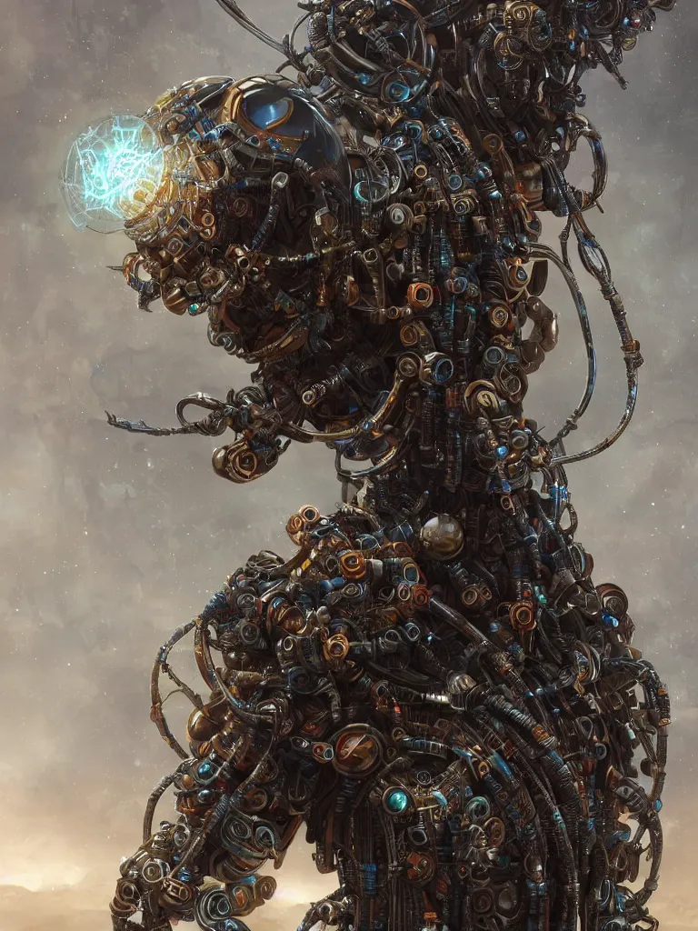 Prompt: a photo of a mech shaman adorned made from cables and synthesizer parts surrounded by sacred geometry made from elven architecture, full body, perfect face, powerful, cinematic, beautifully lit, by artgerm, by karol bak, 3 d, trending on artstation, octane render, 8 k