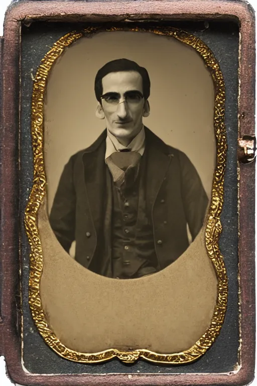 Image similar to portrait of patrick fischler as a snake oil salesman, daguerreotype, steampunk, groovy