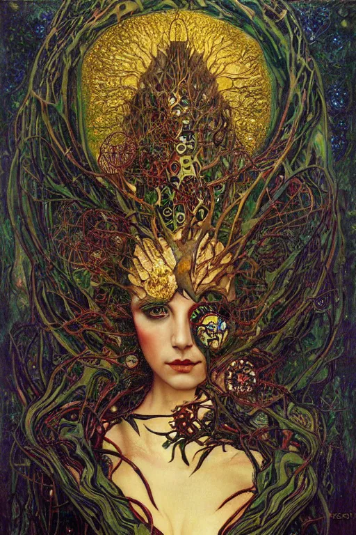 Image similar to Heart of Thorns by Karol Bak, Jean Deville, Gustav Klimt, and Vincent Van Gogh, Surreality, otherworldly, enigma, Helliquary, fractal structures, celestial, arcane, ornate gilded medieval icon, third eye, spirals, rich deep moody colors