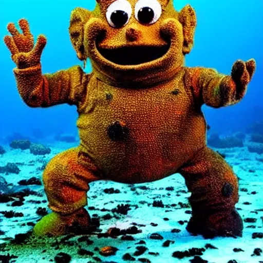 Image similar to rusted barnacle covered teletubby at the bottom of the ocean