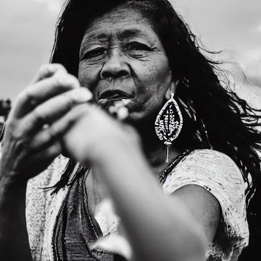 Image similar to black and white photo of a lady blowing feathers from the palm of her hand, low depth of field