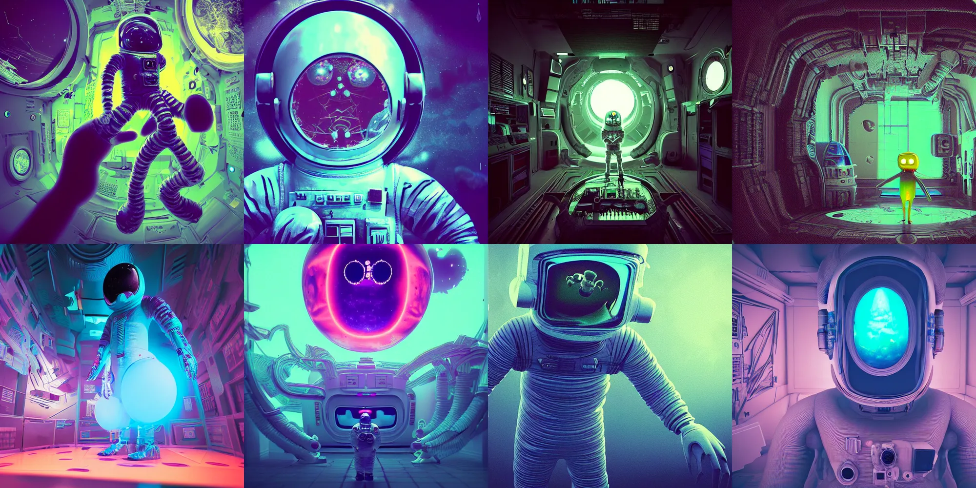 Prompt: scary astronaut, cosmic horror, abstract, ghostly, arcade, duotone, poltergeist, lets get weird, intricate, elegant, highly detailed, smooth, sharp focus, unreal engine 5, raytracing, in the style of beeple and mike winkelmann, ultraviolet colors,