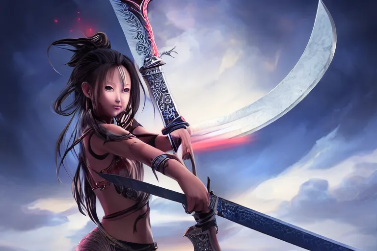 Image similar to beautiful girl holding a red eye imprinted ego sword at the top of clouds, dawn, highlight on the blade, extremely detailed and beautiful aesthetic face, seductive pose, super detailed eyes, highly detailed, digital painting, highlight scene of the movie, smooth, illustration, unreal engine 5, 8 k, art by hiroaki samura and jiro matsumoto and yusuke murata