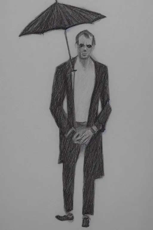 Image similar to a drawn man standing in the rain in a jacket with an umbrella. pencil sketch.