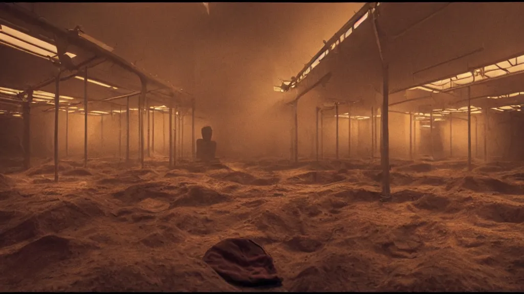 Image similar to inside of a room at Willy Wonka’s chocolate factory where bodies are burnt, film still from the movie directed by Denis Villeneuve with art direction by Zdzisław Beksiński, wide lens