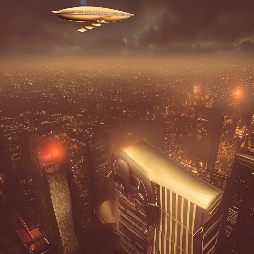 Prompt: A photorealistic 3D render of a zeppelin flying over a cyberpunk city on a cloudy night, octane render, surreal digital art