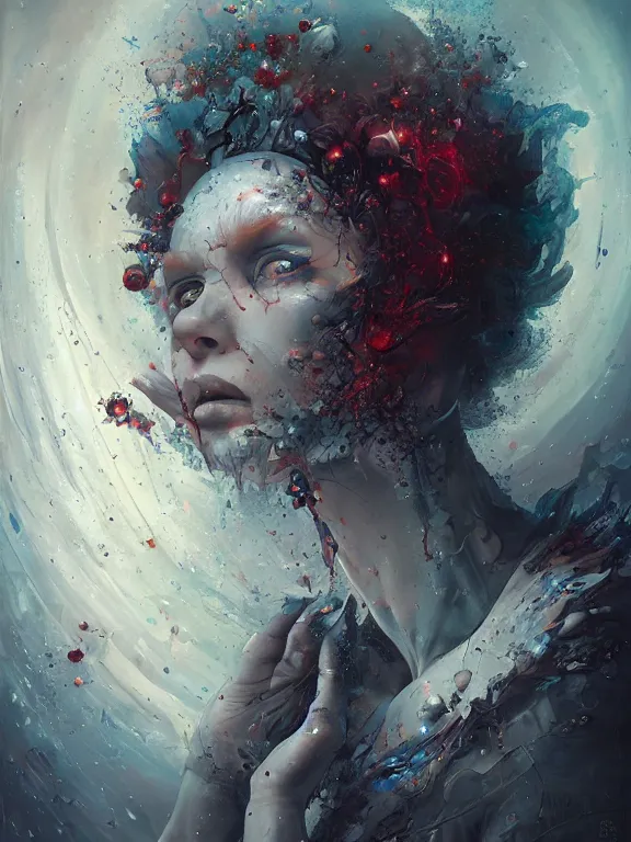 Image similar to a splatterpunk portrait of the contemplation of the universe, hyperrealistic, award-winning, in the style of Tom Bagshaw, Cedric Peyravernay, Peter Mohrbacher