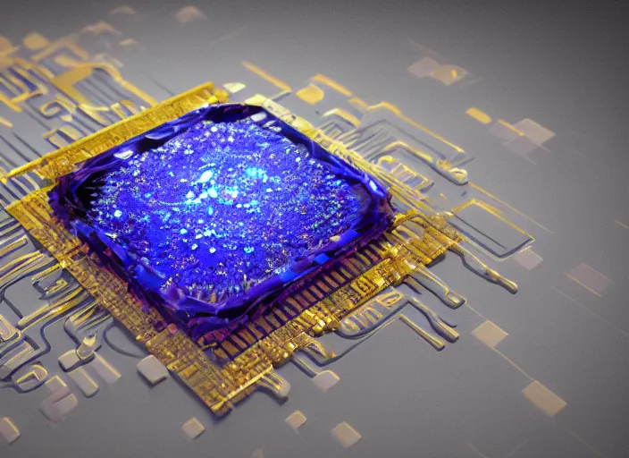 Image similar to magic golden computer chip with a crystal on the center, made by an artificer, product photo, octane render, unreal engine 5, 4 k, 8 k