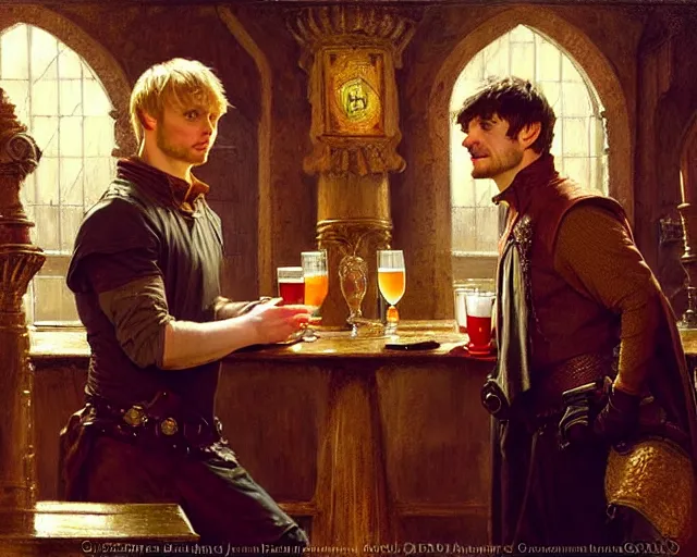 Prompt: attractive bradley james as arthur pendragon and attractive colin morgan as merlin go to a pub together to have some drinks, perfect symetrical eyes. highly detailed painting by gaston bussiere, greg rutkowski, j. c. leyendecker 8 k