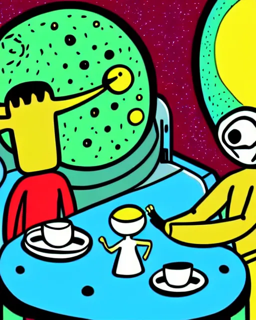 Prompt: an illustration of an astronaut meeting an alien for afternoon tea. funny. detailed. colorful. psychedelic