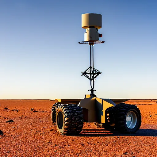 Prompt: peaceful mobile camoflaged rugged weather station sensor antenna on all terrain tank wheels, for monitoring the australian desert, XF IQ4, 150MP, 50mm, F1.4, ISO 200, 1/160s, dawn