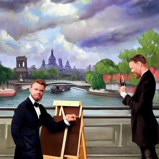 Image similar to mcgregor is dressed as a gentleman at early 2 0 th century paris. he is watching an easel. that easel has a canvas on it. ewan mcgregor has a brush on his hand. he is painting a painting. on background has river seine, morning sun, dark clouds, lightning, dc comics