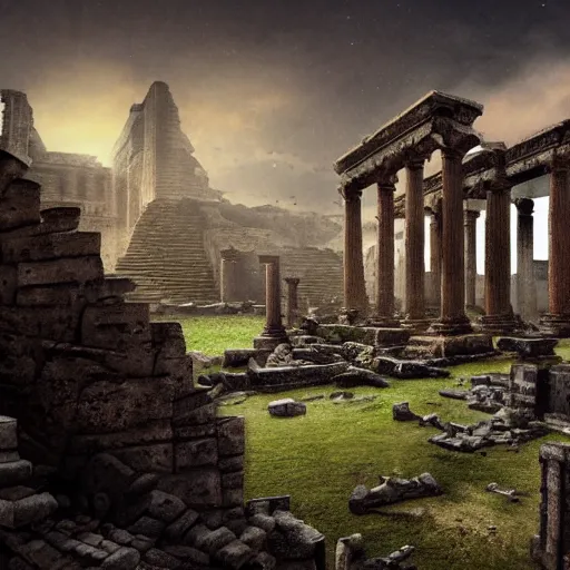 Image similar to A concept matte Painting of ancient aliens ruins, detailed, photorealistic, cinematic lighting, moody atmosphere,