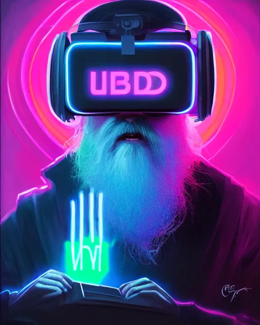 Image similar to portrait of cyber dumbledore wearing a vr set with lots of neon sitting in his room by greg rutkowski, perfect faces, fine details