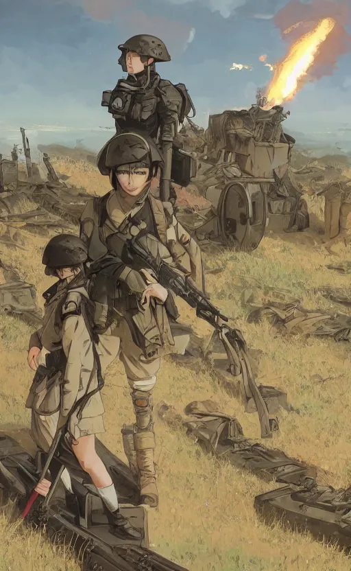 Image similar to anime style, modern warfare, panoramic view of girl under artillery fire, trench and sandbags in background, soldier clothing, hair down, symmetrical facial features, from arknights, wallpaper, trending pixiv, safebooru, volumetric modelling, think in 3 d, by alphonse mucha, greg rutkowski, sharp focus, backlit