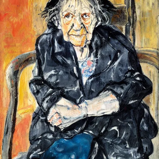 Image similar to painting of an old woman sitting on a chair, staring at you, by georg baselitz