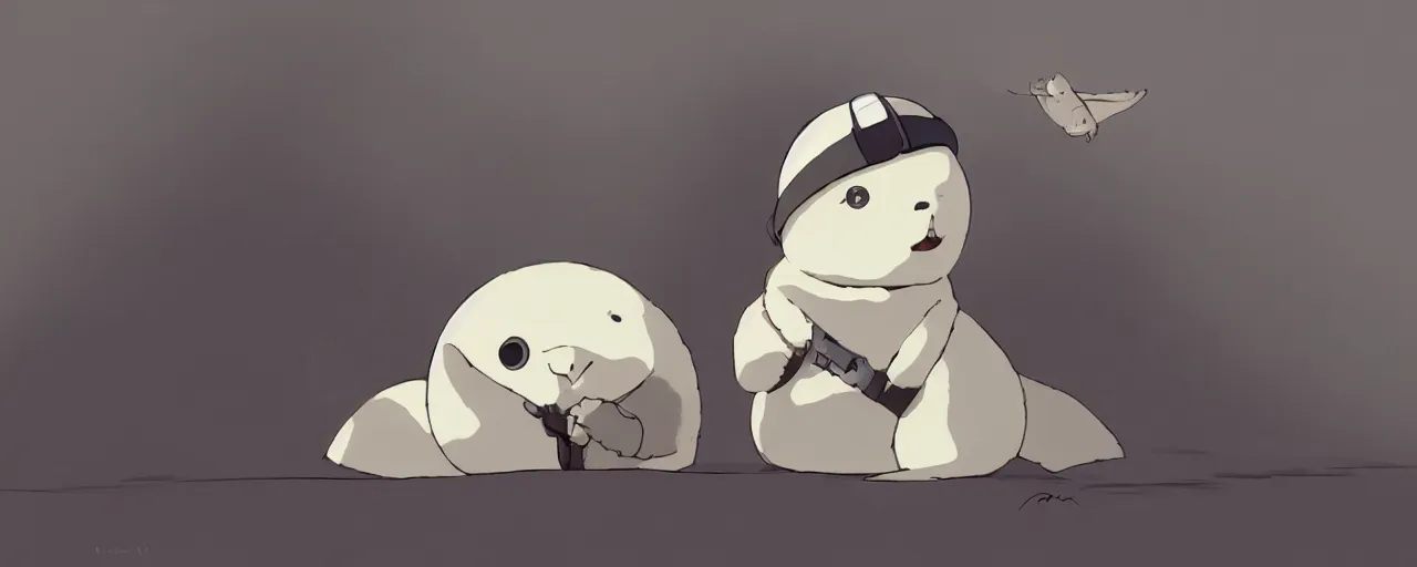 Image similar to baby harp seal dressed as a pilot from the 1 9 3 0 s, atey ghailan, goro fujita, studio ghibli, rim light, soft daytime lighting, clear focus, very coherent