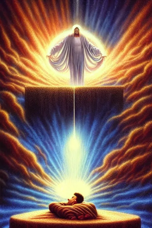 Prompt: a photorealistic detailed cinematic image of a man on his deathbed, moment of death, ethereal, gates of heaven, assisted to the afterlife by friends and family, overjoyed, emotional, compelling, by pinterest, david a. hardy, kinkade, lisa frank, wpa, public works mural, socialist