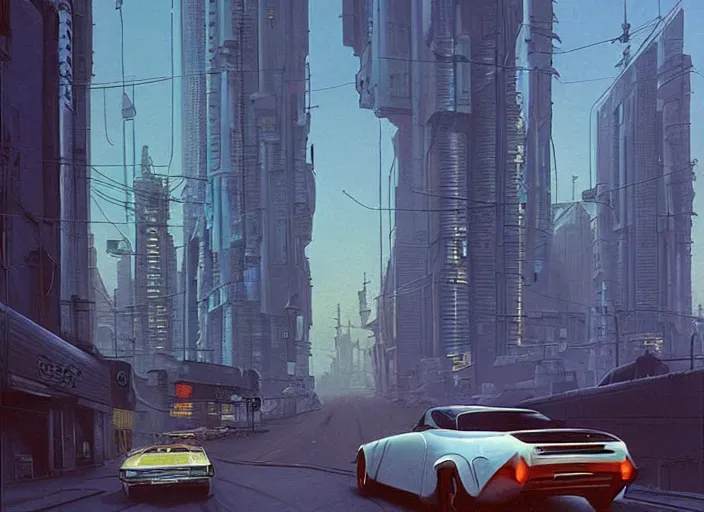 Image similar to a car driving down a street next to tall buildings the night at 11:00 am, cyberpunk art by Chesley Bonestell, cgsociety, retrofuturism, matte painting, reimagined by industrial light and magic