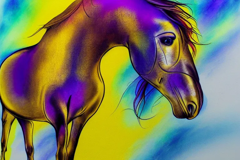 Image similar to beautiful serene horse, healing through motion, minimalistic golden and purple ink airbrush painting on white background