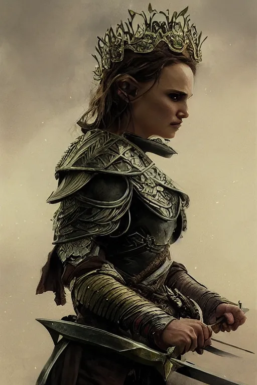 Image similar to natalie portman, legendary warrior, heroic, lord of the rings, tattoos, decorative ornaments, battle armor, by carl spitzweg, ismail inceoglu, vdragan bibin, hans thoma, greg rutkowski, alexandros pyromallis, perfect face, fine details, realistic shading photorealism