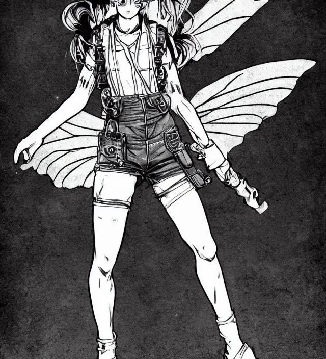 Prompt: full body pose, hd, manga anime portrait of a fairy girl in combat boots and overalls, in the style of frank miller, jim lee, detailed trending award winning on flickr artstation,