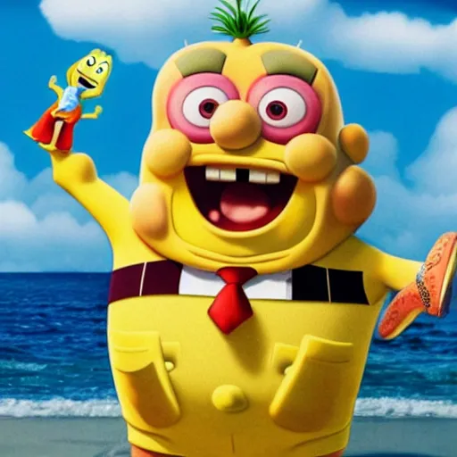 Image similar to Danny Devito playing as SpongeBob in a real movie, High Quality Film, Spongebob Squarepants cosplay by Danny Devito